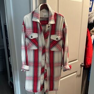 aerie Red and White Plaid Long Shacket Jacket